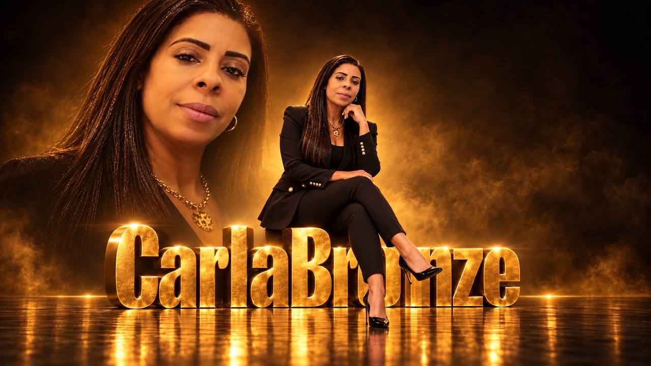 Carla Bacellar em cenário dourado